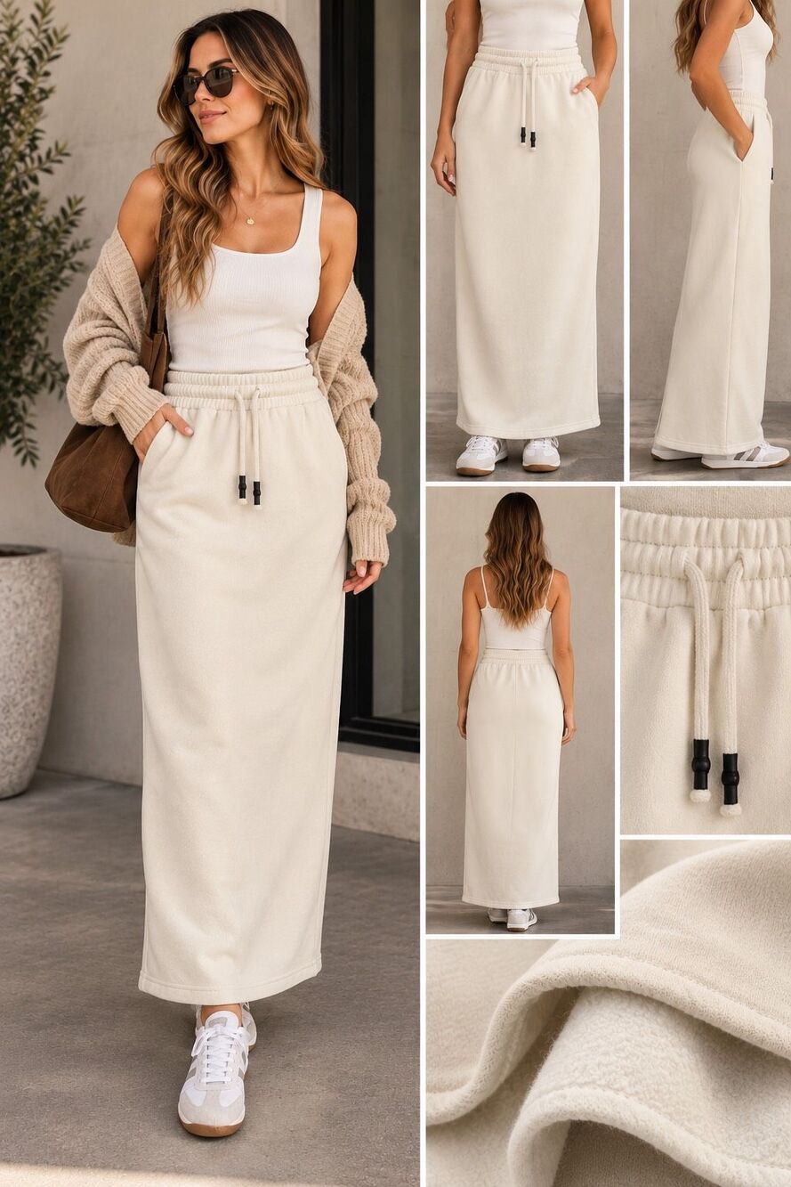 PrettyLittleThing Cream Maxi Sweat Skirt US 6 Fleece lined Athleisure Minimalist